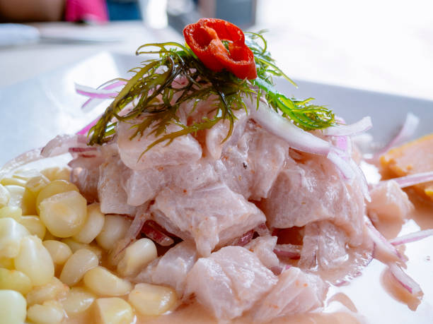 cebiche marine food based on raw fish onion and lemon